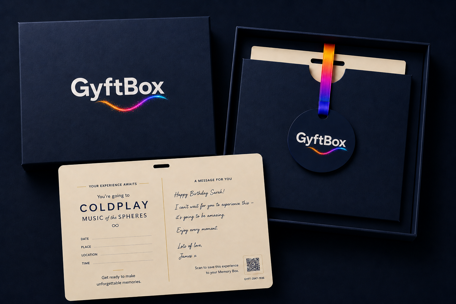 Open navy GyftBox with a personalised keepsake card for a Coldplay concert, a rainbow-ribbon gift tag, and a handwritten message